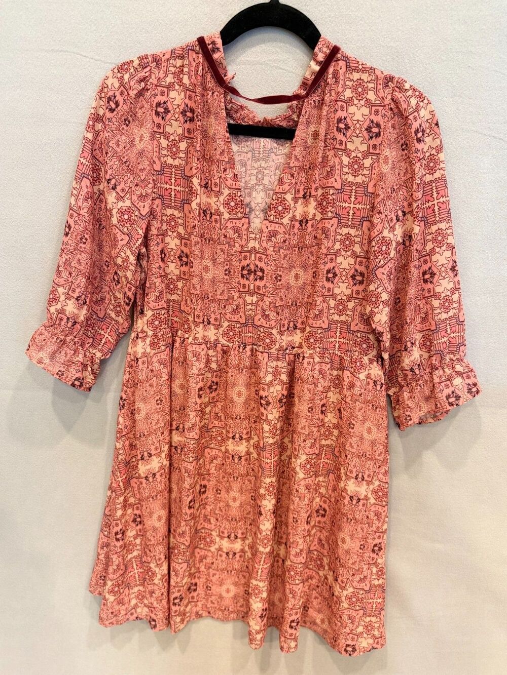 For Love & Lemons Pink Boho Babydoll Dress Velvet Tie Neck Long Sleeve Size L - Picture 3 of 8